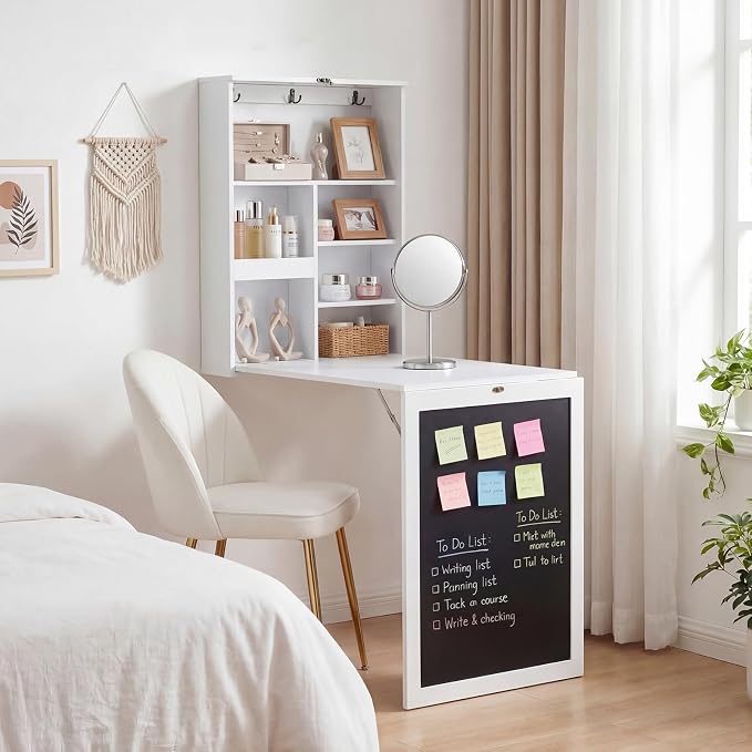 Giantex Foldable Wall Mounted Desk, Convertible Writing Desk with Storage Shelves, Hooks & Chalkboard, Space-Saving Fold-Up Table, Corner Floating Laptop Table for Small Spaces, Home Office, White