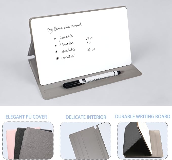 Portable Small Dry Erase Board with Stand, Reusable White Board Handheld Whiteboard Dry Erase Notebook, Standable Desktop Notepad, Home Office Study Essentials-PU Cover Writing Board 9.5" x 6.6"-Black