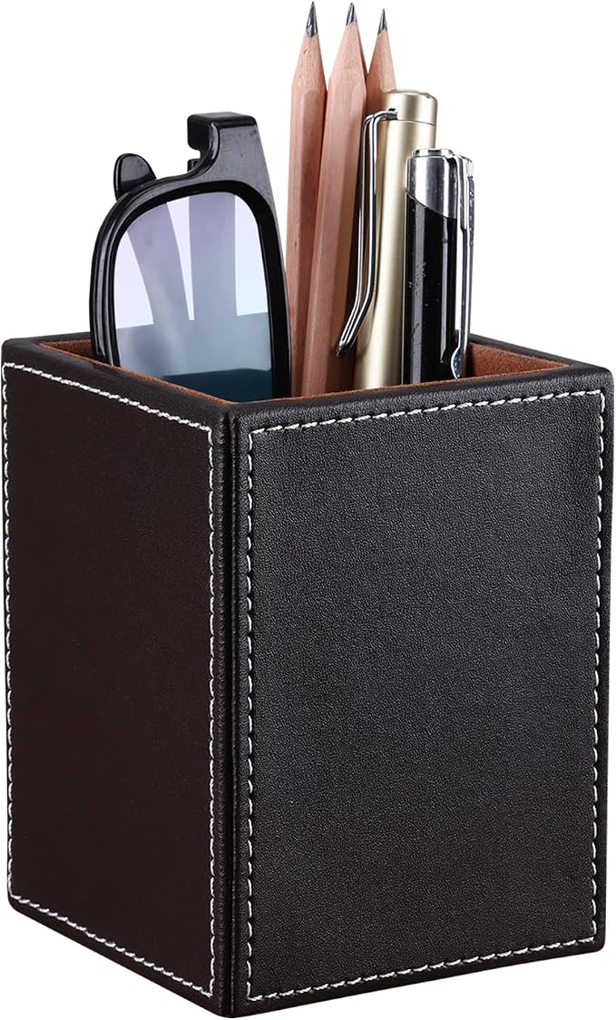 PU Leather Square Pens Pencils Holder Cup Desktop Stationery Organizer Case Office Accessories Container Box Brown