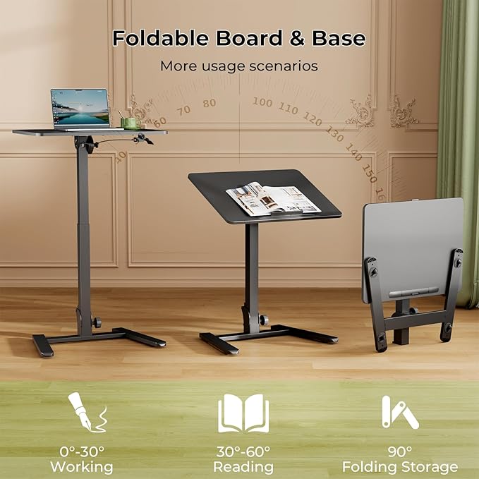 Gibbon Mounts Foldable Standing Desk，Small Mobile Sit-Stand Desk with 90 Tiltable Top，Rolling Rising Laptop Workstation Adjustable Height，Portable Table on Hidden Wheels/4 Lockable Casters，Black