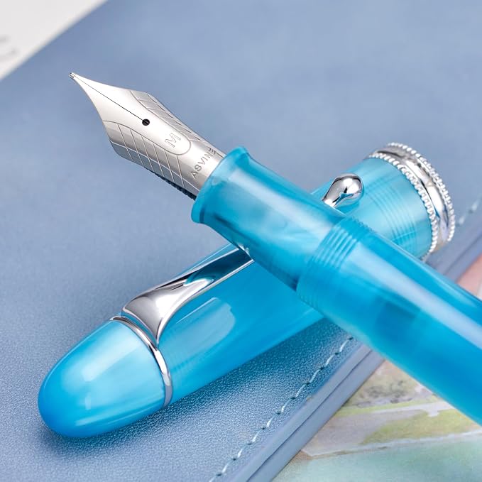 Asvine V800 Fountain Pen – Vacuum Filling System with Large Ink Capacity – Smooth Number 8 Fine Nib with Gift Case and Wrench- Sky Blue Acrylic