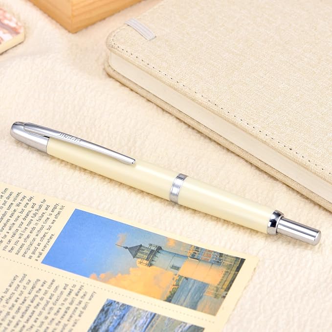 Jinhao 20 Press Fountain Pen, Ivory White Retractable Medium Nib with Ink Converter Set (Silver Clip)