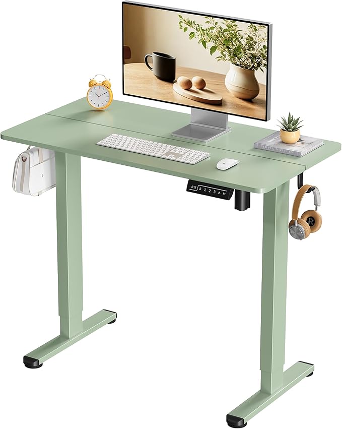 Small Electric Standing Desk, 35" ×20" Standing Table, Height Adjustable Compact Sit Stand Workstation with Splice Board, Home Office Desk with 2 Hooks, Sage Green