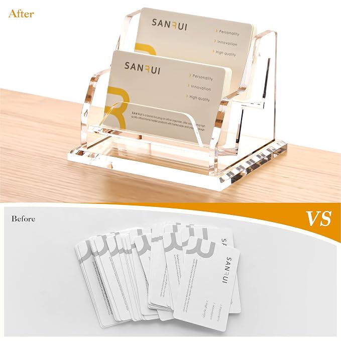 YUXUN Business Card Holder for Desk, Acrylic Business Card Display Stand with 2 Slot, Office Desk Accessories for Man &Woman,100 Cards Capcity, Clear