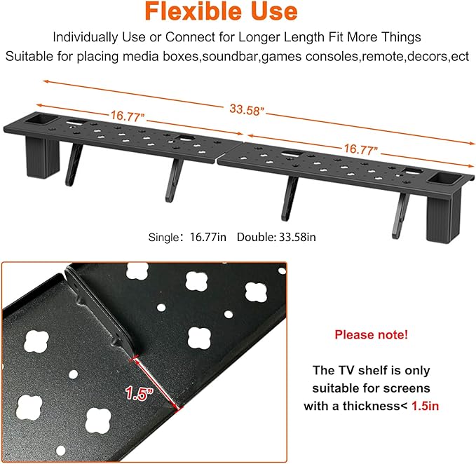 Steel TV Top Shelf, No Drilling Monitor Shelf Adjustable Computer TV Screen Shelves Mount Bracket for Soundbar Mount,Media Boxes, Router, Game Console, Remote (33.46 x 4.33 Inch)