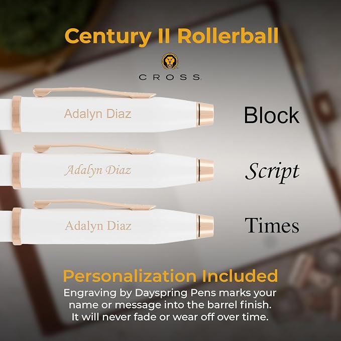 Cross Century II Rollerball Pen, Pearlescent White with Rose Gold Trim, Personalized Laser Engraving, Black Ink, Cross Gift Box, Mothers Day and Graduation Gift for Women