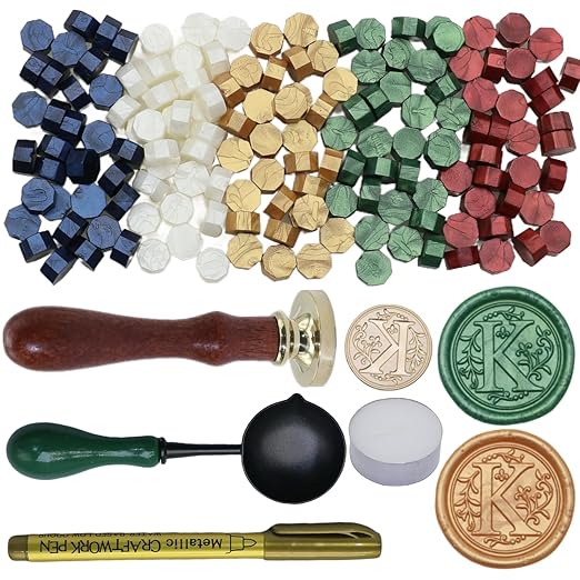 Initial Alphabet Wax Seal Stamp Kit, Retro Letter K Sealing Stamp with 150Pcs Sealing Wax Beads Spoon Pen Set for Wedding Invitations Cards Envelopes (K)