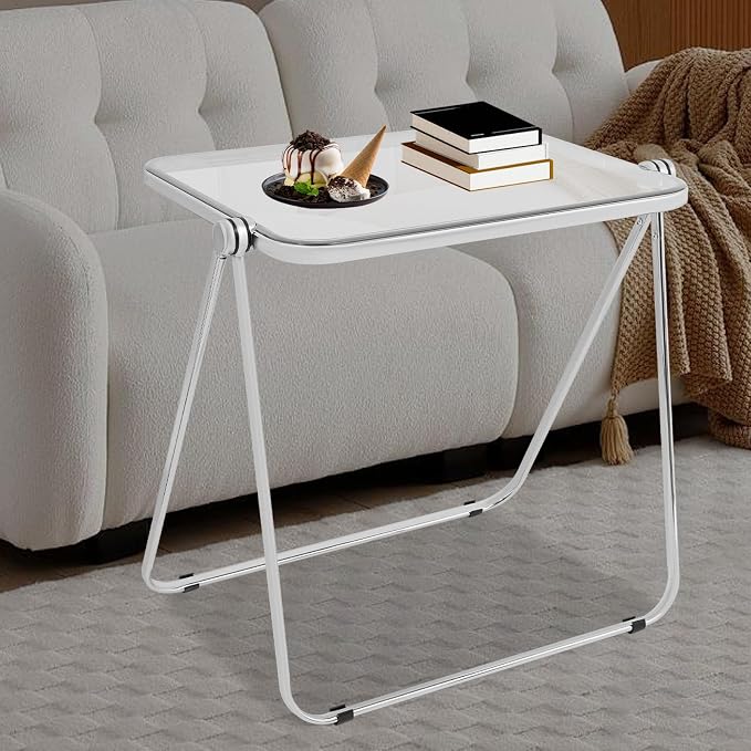 Acrylic Folding Table, 25 * 20 * 27in Compact Writing Desk with Sturdy Metal Frame, Side Table for Small Spaces, Home Office, Small Computer, Snack Dinner on Couch (Silver and Clear)