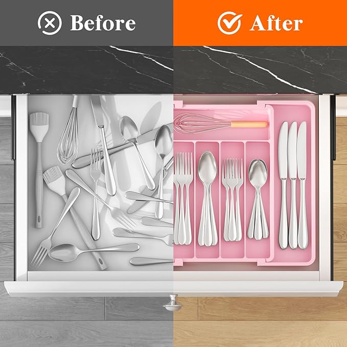Lifewit Silverware Drawer Organizer, Expandable Utensil Tray for Kitchen, BPA Free Flatware and Cutlery Holder, Adjustable Plastic Storage for Spoons Forks Knives, 8.5"-14.1" x 12.1", Pink