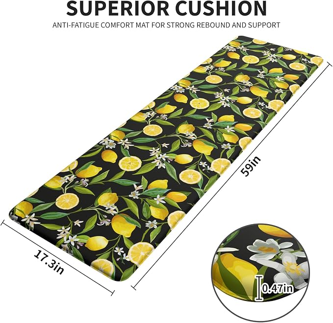 Lemon Kitchen Decor Mat, Extra Long Anti Fatigue Kitchen Mats | Extra Long Coverage,Lemon Pattern,Cushioned Comfort,Waterproof Surface,Non-Slip Backing,Easy Clean,Kitchen Island