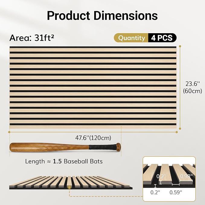 TONOR Wood Slatwall Panels, 4 Pack 47.2" x 23.6"/ 120 x60cm(31ft²) Acoustic Wall Panels, Wood Slat Acoustic Panels for Noise Cancelling and Wall Décor Living Room, Bedroom, Home Decor, Office, Oak