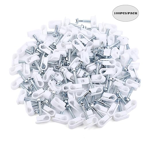 Cable Clips with Screws Fastener 1/4 Inch (6 mm) - All Weather Wire Clips for Coaxial, Ethernet,Electrical Cables,Brick/Stucco Siding Clips, UV-Resistant for Outdoor Wall Mount, 100 Pack,White