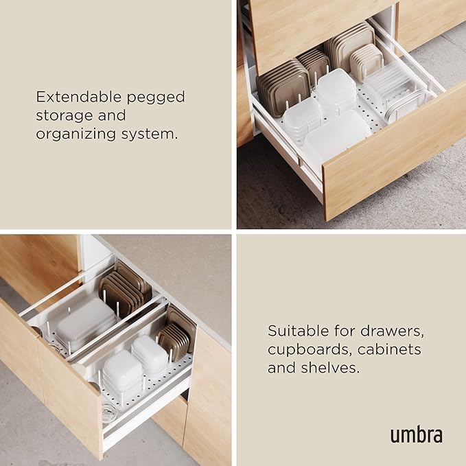 Peggy Kitchen Drawer Cupboard Organizer Tray - Adjustable Storage System For Food Containers, Cookware, Serveware, Utensils and More, White | Non-slip feet, fits cabinets or shelves, quick assembly, 32 pegs included, impact-resistant plastic