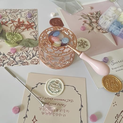 Metal Wax Seal Warmer Kit with Spoon and Stirring Stick, for Wedding Wax Envelope Seal Stamp (Rose Gold Bird's Nest Stove)