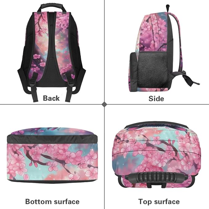 Girls 17 Inch Black Cat Backpack Set 4PCS, Cherry Blossoms Cute Cartoon Bookbag with Lunch Bag, Pencil Case & Bottle Sleeve for Elementary Kids Ages 6-8 Back to School