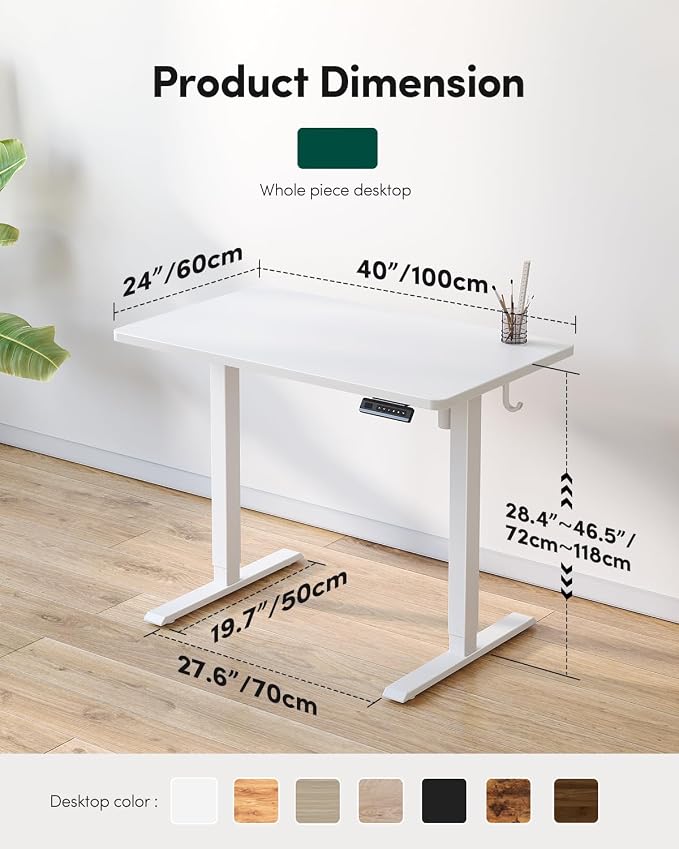 CubiCubi 40 x 24 Small One-Piece Standing Desk, Adjustable Height Electric Computer Home Office Sit Stand up Workstation, with 4 Memory Presets, Headphone Hook, White