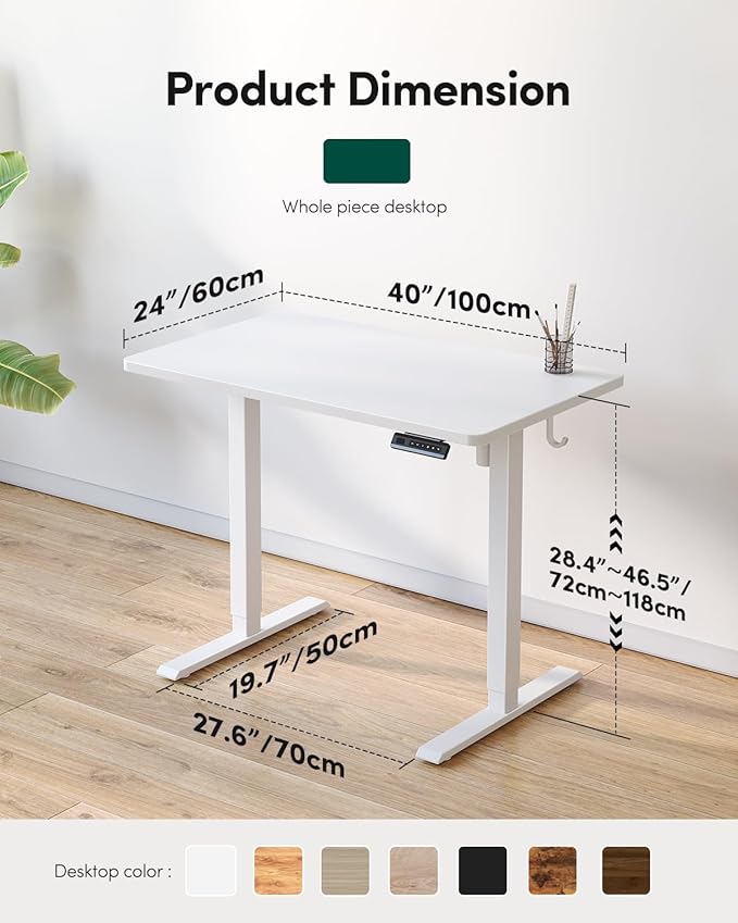 CubiCubi 40 x 24 Small One-Piece Standing Desk, Adjustable Height Electric Computer Sit Stand up Home Office Workstation, with 4 Memory Presets, Headphone Hook, White | Adjustable Height Electric Computer Sit Stand up Home Office Workstation, with Memo...