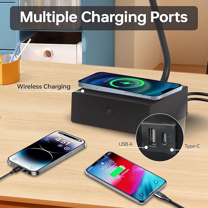 LED Desk Lamp with Wireless Charger,Industrial Table Lamp with 2 USB Charging Ports,Modern black table lamp,Adjustable lamp Head,Button Switch,Suitable for Bedroom Living Room Office,Study Black
