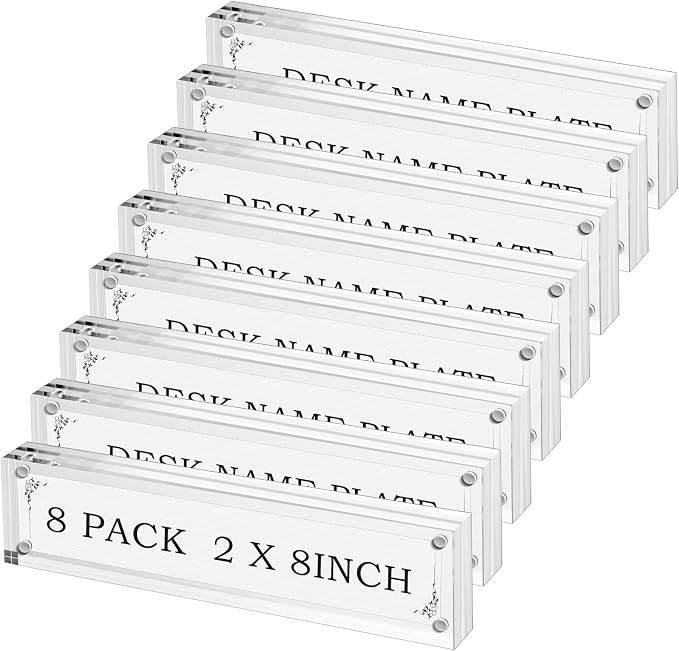 Geetery 8 Pcs Acrylic Office Desk Name Plate Personalized Clear Acrylic Block Double Sided Table Name Plate Holder Business Magnet Frame DIY Desktop Holder Accessories Decor (2" x 8")