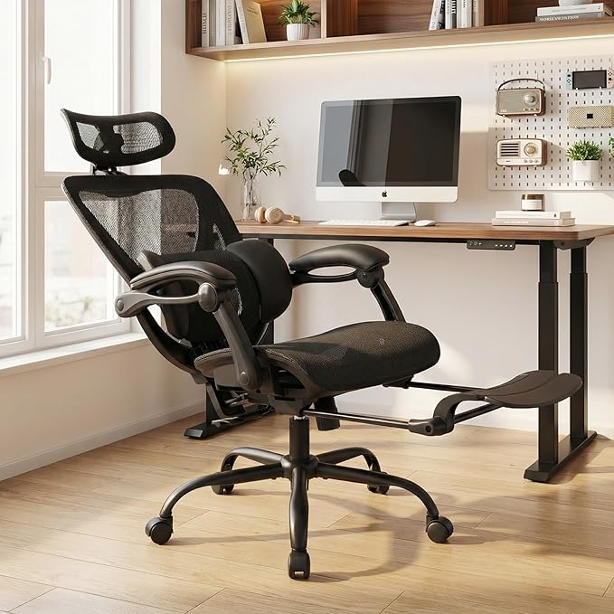 MALOL Ergonomic Mesh Office Chair with Footrest, Executive High Back Computer Desk Chair with 3D Adjustable Headrest & 5-Level Lumbar Support, Reclining Tilt Lock, 3D Arms, 300LBS Capacity, Black