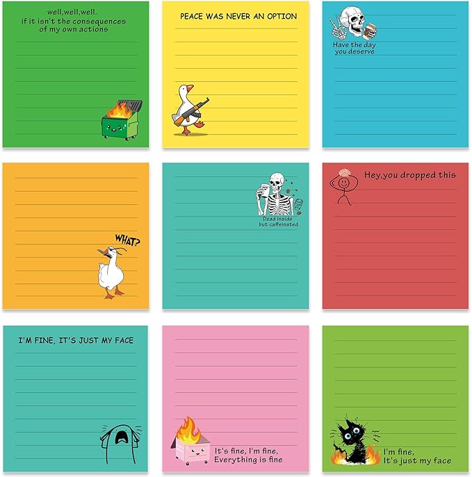Funny Sticky Notes Gifts - 9 Pack Colorful Fun Notepads Gag Gifts for Work 3x3 Inch, Sarcastic Self-Adhesive Memo Pads School Office Supplies for Coworkers (450 Sheets)