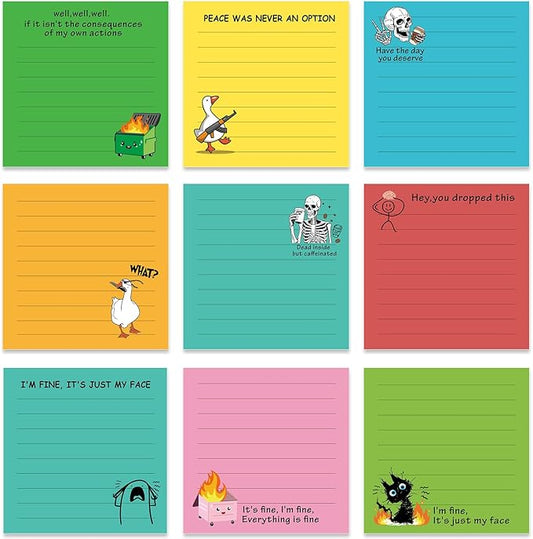 Funny Sticky Notes Gifts - 9 Pack Colorful Fun Notepads Gag Gifts for Work 3x3 Inch, Sarcastic Self-Adhesive Memo Pads School Office Supplies for Coworkers (450 Sheets)