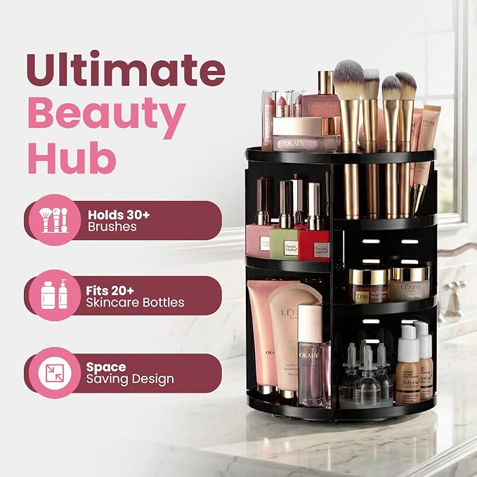 Masirs 360 Rotating Makeup Organizer Countertop, Adjustable Shelf, Black | 360-Degree Rotating Makeup Organizer, Adjustable Shelf Height, Cosmetic Perfume Skincare Storage, Vanity Countertop, Black