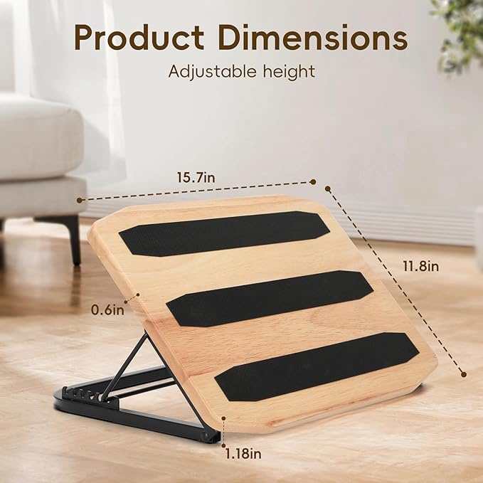Under Desk Foot Stool Wood-Adjustable Ergonomic Foot Rest- 7 Adjustable Angles Wood Desk Footrest, Under Desk Foot Rest for Office Leg Rest - Natural-with Blue Cushions