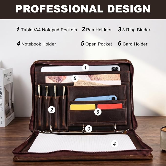 AZXCG Genuine Leather Portfolio Binder for Men& Women,Portfolio Organizer with Zipper,Leather 3 Ring Binder for iPad Pro 12.9,Business Portfolio for Men,Gift for Father's Day