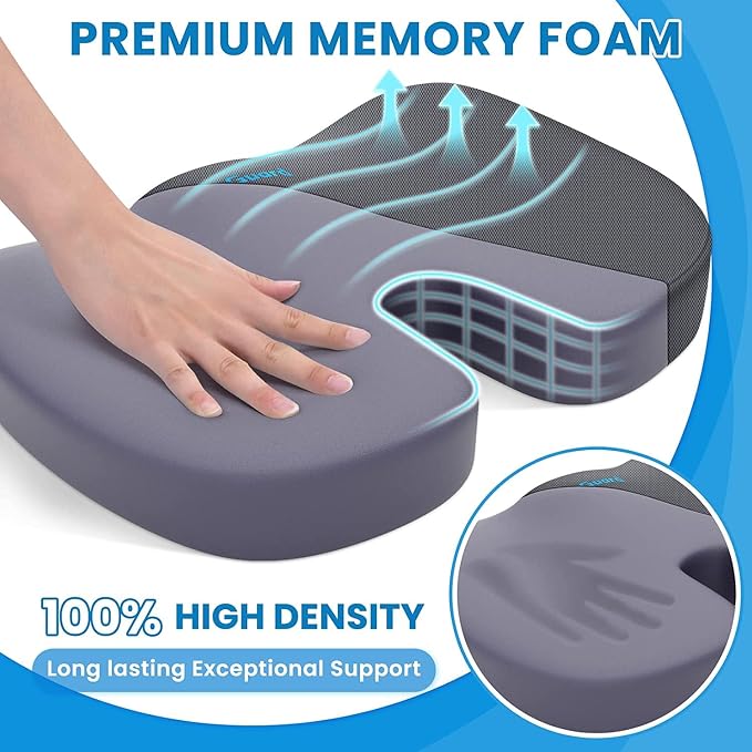 TushGuard Memory Foam Seat Cushion for Office Chair, Car Seat, Gray, XXL | Office Chair Cushion for Car, Airplane - Chair Pad for Long Sitting Sciatica, Hip, Coccyx,Tailbone Pain Relief, Butt Pillow