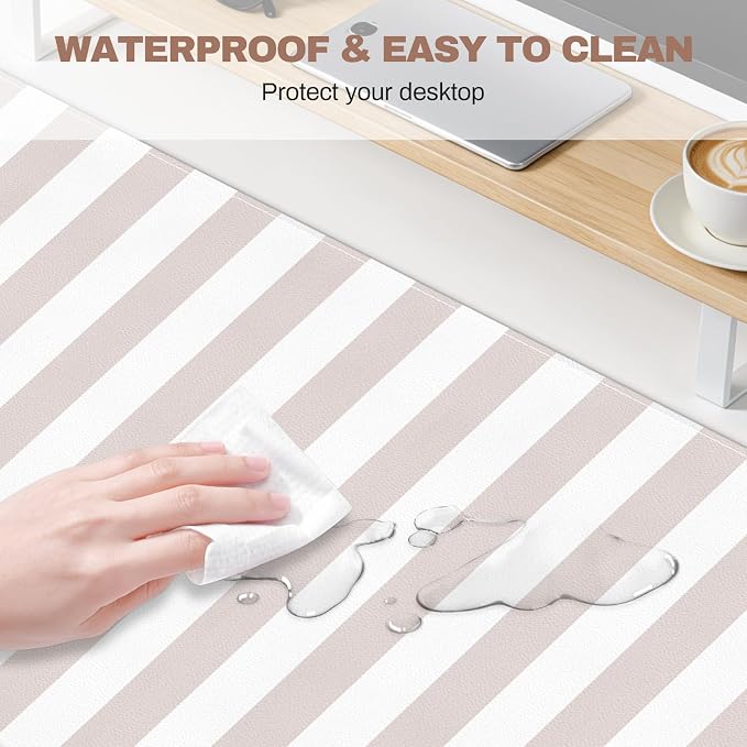 Beige Desk Mat Cute Kawaii PU Leather XXL Large Mouse Pad Striped Pastel Desk Pad Mat Laptop Computer Keyboard and Mouse Mat Home Office Decor for Women Girls