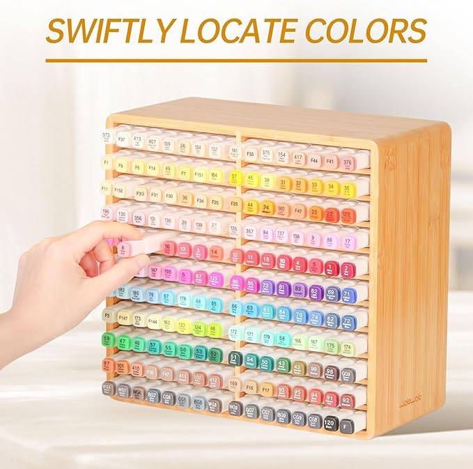 walowalo Marker Organizer Hold 176 Markers Alcohol Marker Storage Bamboo Pen Holder Art Supply Pencil Storage Organizer Gift 22 Compartments All-in-One Marker Storage for Home Office Desk Classroom
