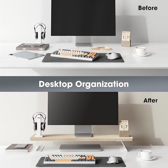 Fenge Monitor Stand Riser, 31.5 Inch Desk Top Shelf for 2 Monitors, Computer Stands for Desk, Wood & Steel Desktop Riser for Laptop, PC, Printer