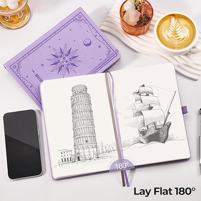 EMSHOI Blank Notebook Journal - 320 Pages, 100gsm Thick Paper, A5 Hardcover Leather, Art Sketchbook for Drawing, Unlined, Plain Sketch Book for Women Men Work Writing, 5.75 x 8.38, Light Purple