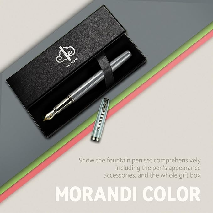 YUNCHUN Fountain Pens Set for Writing, Fancy Medium Nib Ink Pens of Morandi Color with 5 Black and 5 Blue Refills Cartridges, Best Pen Gift Set for Men & Women, Office Professional Pen for Work, Gray