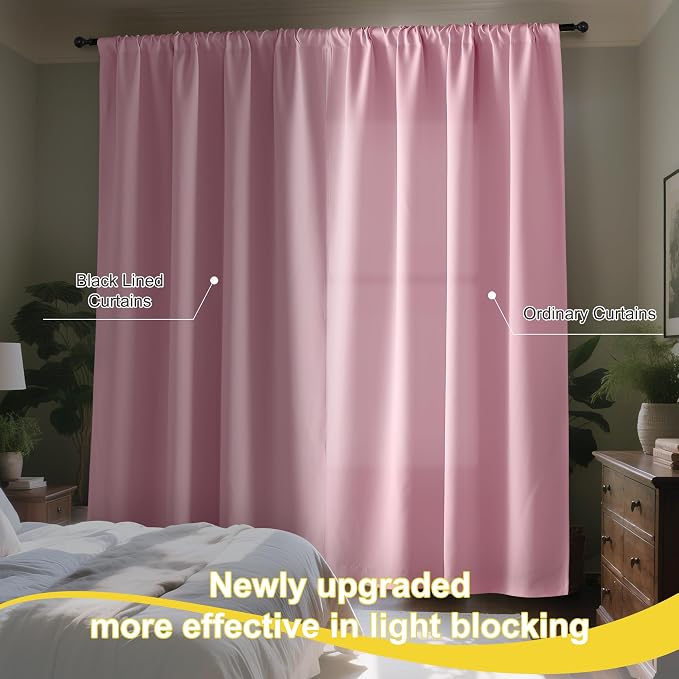 NICETOWN Crystal Pink Blackout Curtains for Girls Bedroom, 52x84 Inches 2 Panels Energy Efficient Thermal Insulated Drapes, Rod Pocket Black Lined Window Treatment, Double Layer Shading