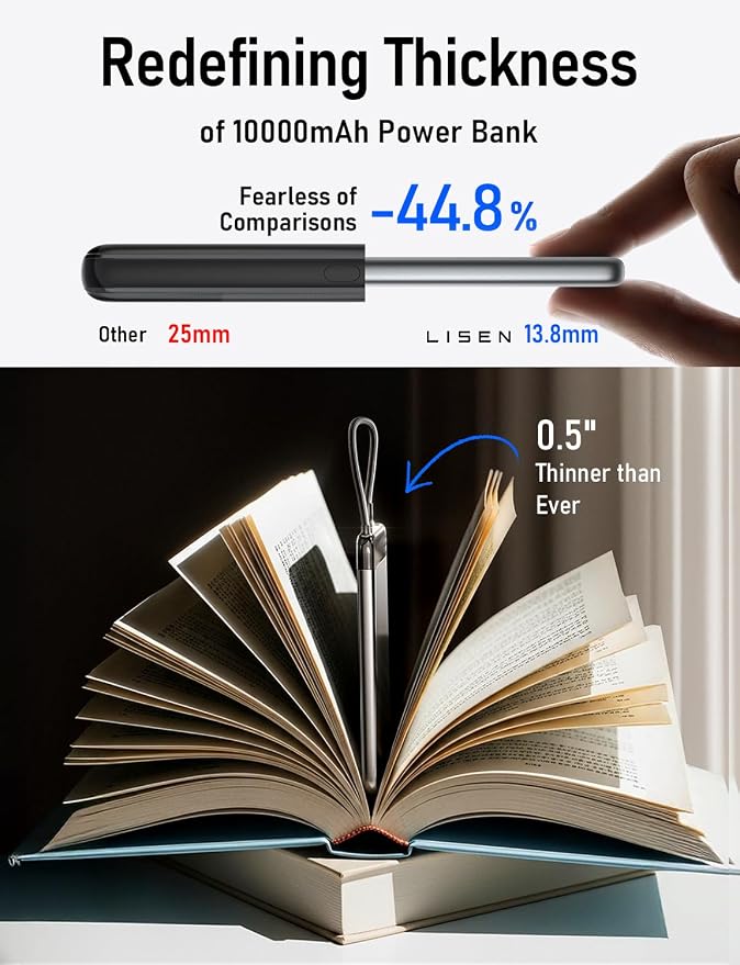 LISEN [CCC Certified] [Metal Alloy] 0.5" Ultra Slim 10000mAh Power Bank 3C, TSA Approved Airplane Travel Essentials, Portable Charger USB C Fast Charging for iPhone 17 Air 16 15 Pro Samsung Galaxy S26