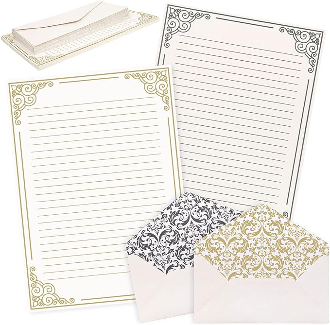 AnyDesign 60 Sheets Vintage Stationery Paper with 30Pcs Self-Adhesive Envelopes Gold Black Border Letter Paper Liner Double-Sided Writing Paper for Birthday Wedding Invitation Thank You Greetings