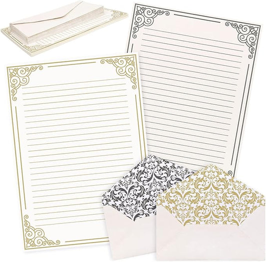 AnyDesign 60 Sheets Vintage Stationery Paper with 30Pcs Self-Adhesive Envelopes Gold Black Border Letter Paper Liner Double-Sided Writing Paper for Birthday Wedding Invitation Thank You Greetings