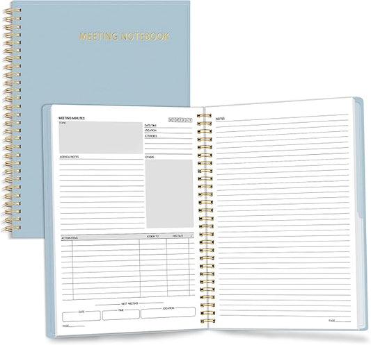 SUNEE Half Meeting Half Note - 7.5"x10" Professional Notebooks for Work - 160 Pages, B5 Size Project Planner, Spiral Meeting Agenda/Minutes Organizer for Women Men, Note Taking, Office & Business