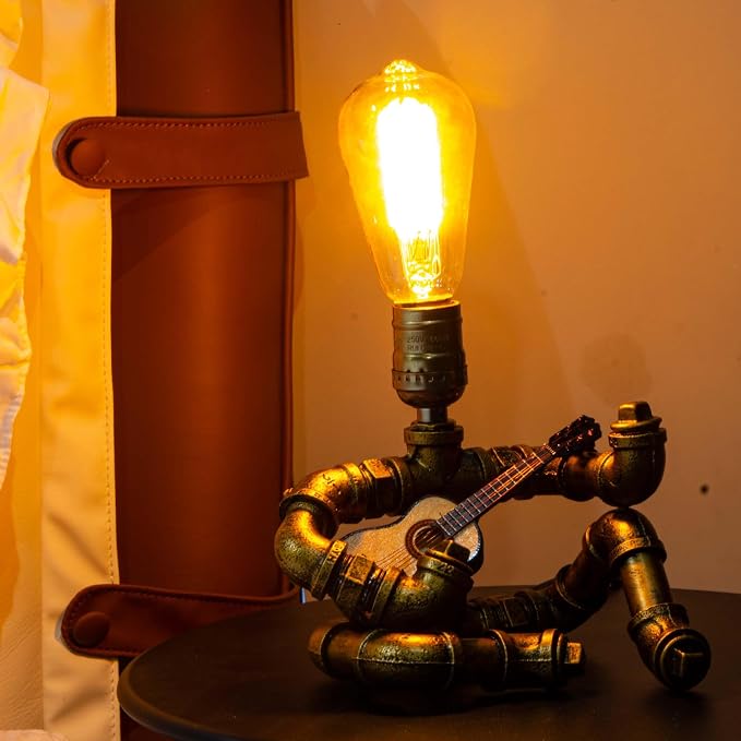 Music Guitar Table Lamp,Steampunk Table Lamp,Retro Guitars Steampunk lamp,Cool Industrial Metal Tube Robot Lamp Gifts for Music Lovers