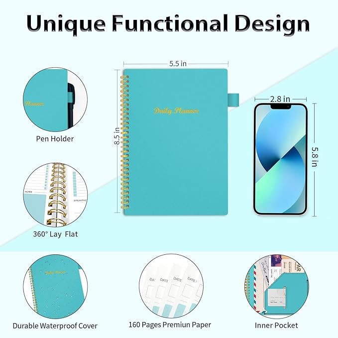 Daily Planner Undated, To Do List Notebook with Hourly Schedule Calendars Meal, Spiral Appointment Organizers Notebook for Man/Women, Pocket, Pen Loop, 160 Pages (5.5x8.5")