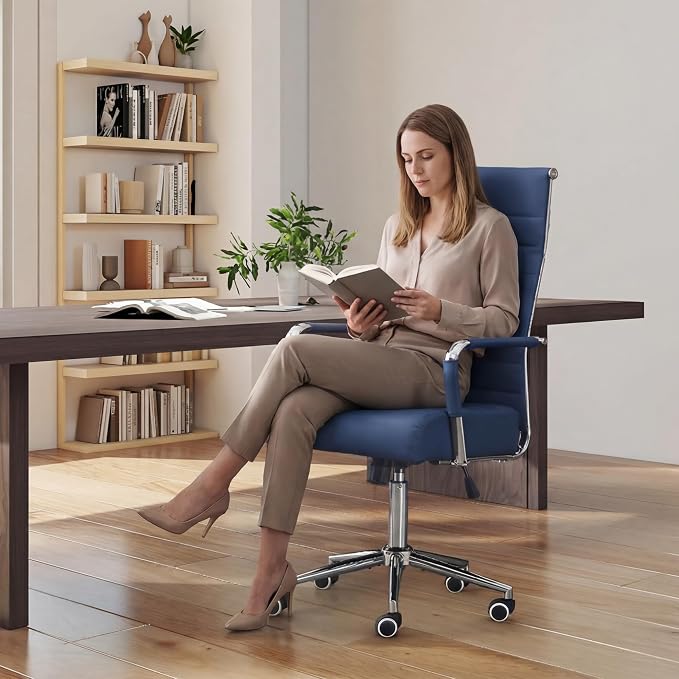 JOMEED Office Desk Chair,Conference Room Chair,High Back PU Leather Swivel | Modern Executive Ribbed Design, Ergonomic, Height Adjustable, Wheels and Arms, for Home Office(Blue-Silver Frame)