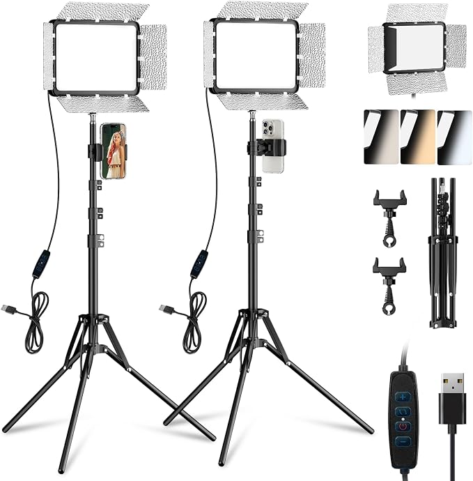 EMART LED Video Light Kit with Phone Holder & Barndoor, 2800-7000K Dimmable Studio Lights for Video Recording, 73'' Height for Live Streaming, YouTube, Vlog, Photography, Content, Podcast, 2-Pack