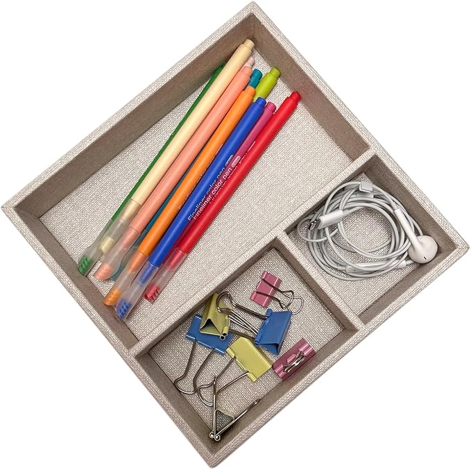 UnionBasic Flat 3-Slot Small Desk Drawer Tray Stationery Sundries Gadget Organizer Storage Box Business Card Holder Key Container, Beige Square