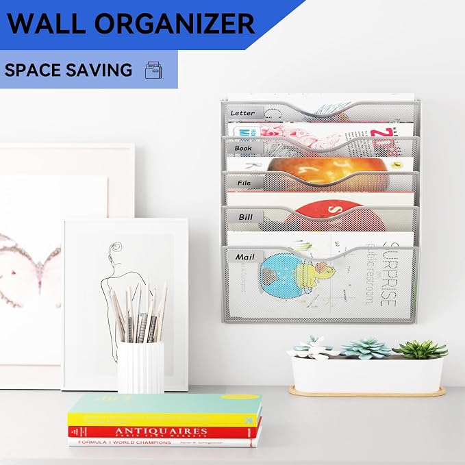 5 Pockets Hanging Wall File Organizer Mail Holder, Wall Mounted Paper Document Folder Holder, Clipboard Storage Organization Magazine Rack, Silver