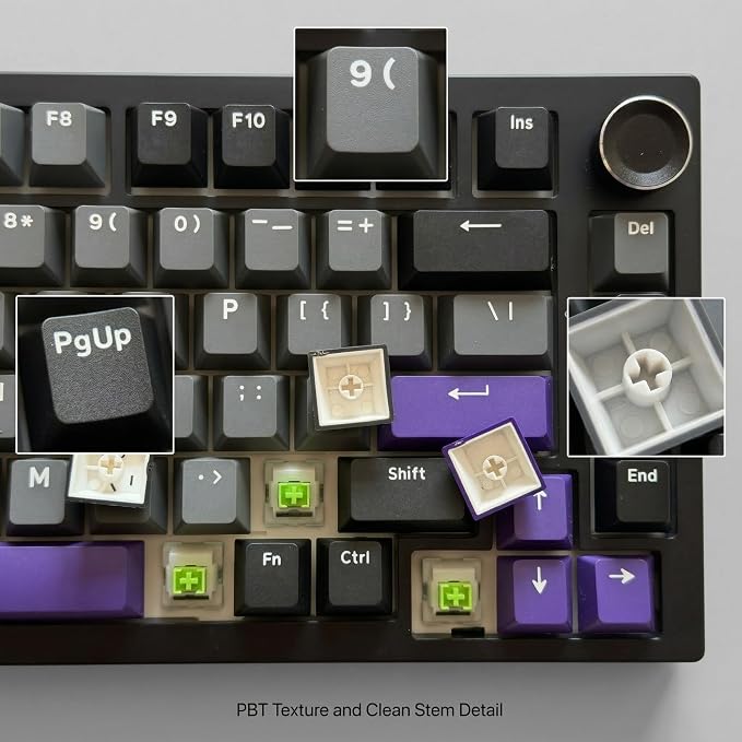 124 Keys Black Grey Purple Keycaps, PBT Double Shot Cherry Profile Keycap Set, Custom Mechanical Keyboard Keycaps for 60% 65% 75% 87% 100% ANSI Layout，Cherry Mx Switches