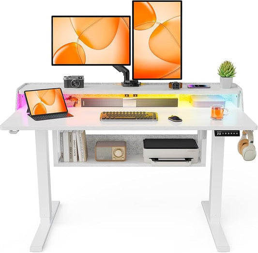 ErGear Electric Standing Desk, 48x24 Inch Adjustable Sit Stand Desk with Bookshelf & Monitor Stand, Standing Gaming Desk with LED Light Strip, Stand Up Desk for Home Office, White | Raised Monitor Stand, 27.9–46.9 Inch Height Range, 4 Memory Presets, 1...