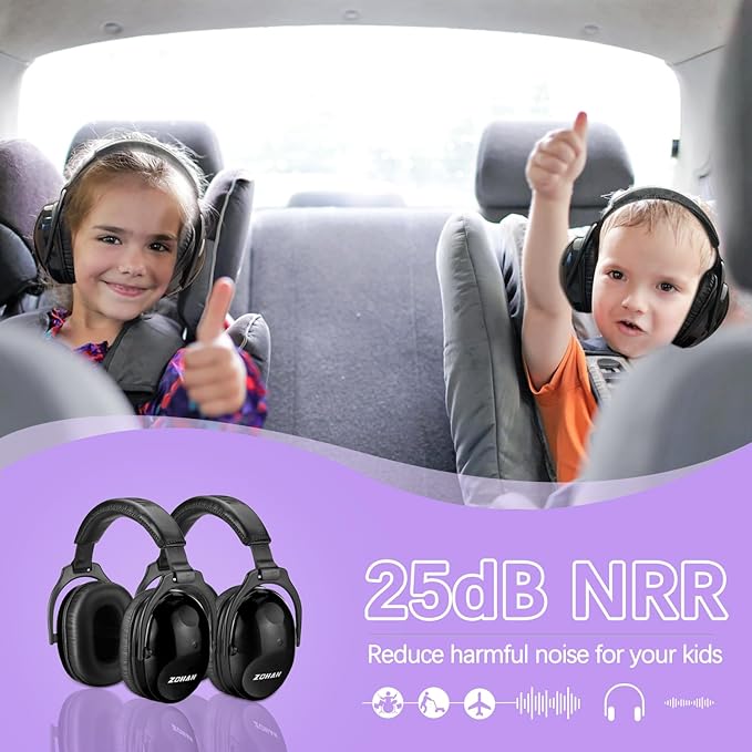 ZOHAN Kids Ear Protection 2 Pack, 25dB NRR Noise Cancelling Headphones for Kids, with Pillowy Pads, for Monster Truck, School, Autism, Sensory, Fireworks, Concerts, Events (Black+Black)