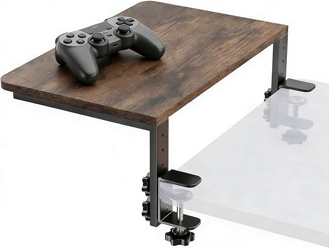 Clamp-On Desk Extender, 15 x 9.5 Inch Monitor Riser | Height options, No-drill setup, 3-in-1 use, 44 lb load, Office station, Gaming area, Brown finish